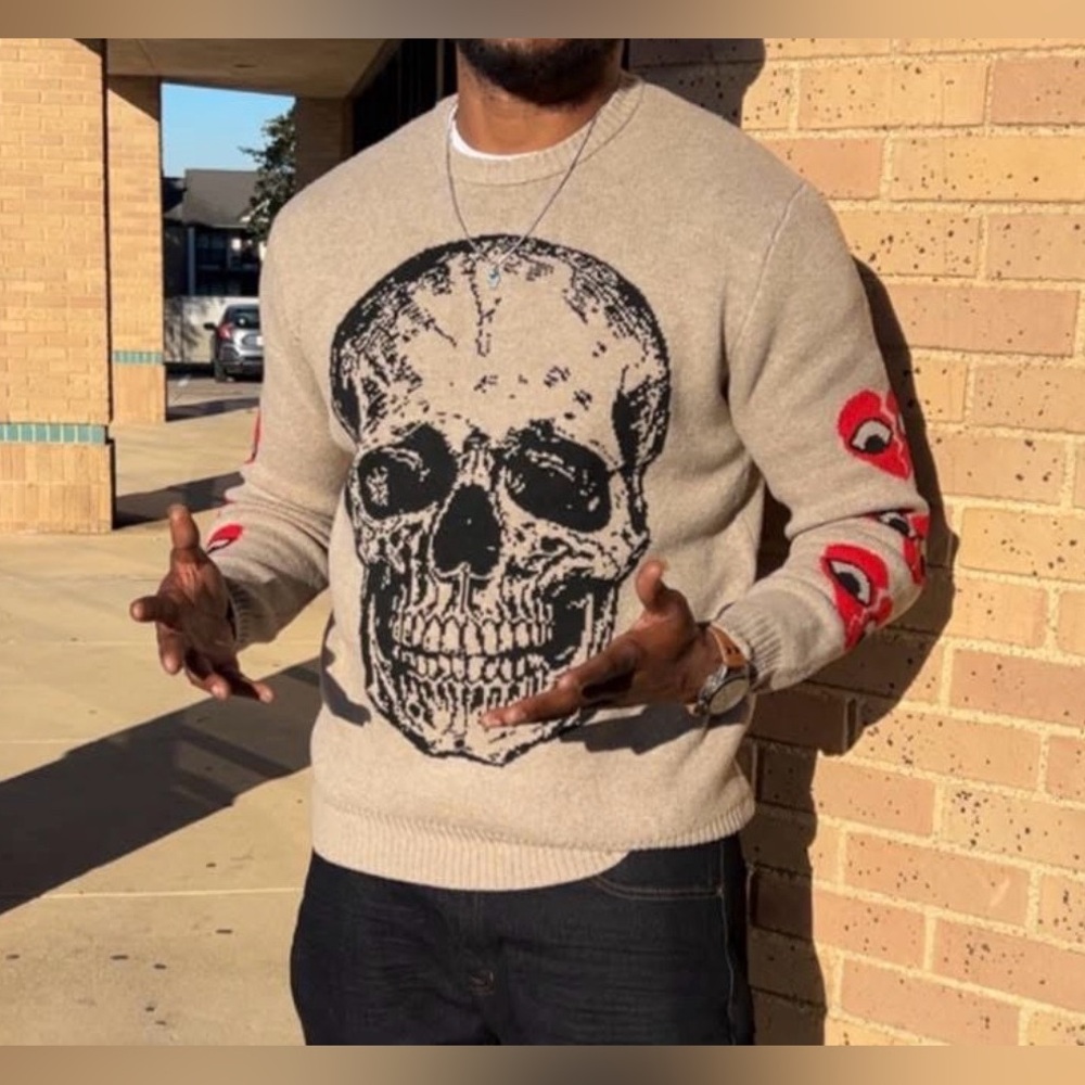 JGoods Men's Tan Skull Crewneck Sweater with Red Accents